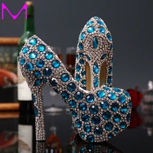 Fashion New Wedding Bridal Shoes Woman High Heeled 2015 Blue Crystal Women Shoes Party the New Princess Rhinestone Female Shoes