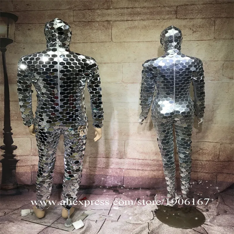 Ballroom dance men robot mirror suit women stage show costumes singer silver clothes models performance catwalk wears dj3