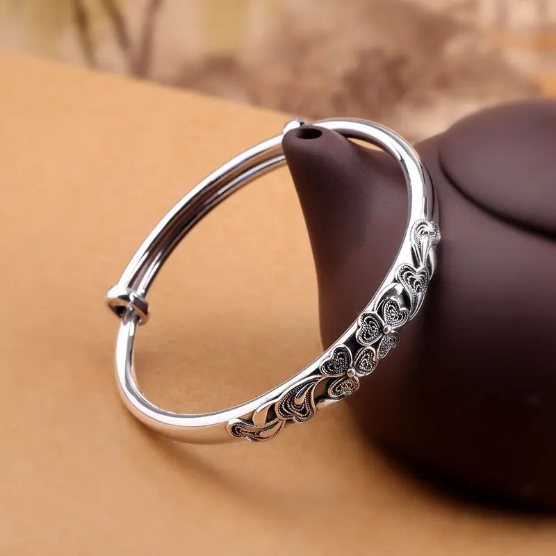 Аутентичные 925 пробы серебряные браслеты для женщин Античный ретро элегантность расширяющийся браслет на запястье Manchette Argent
