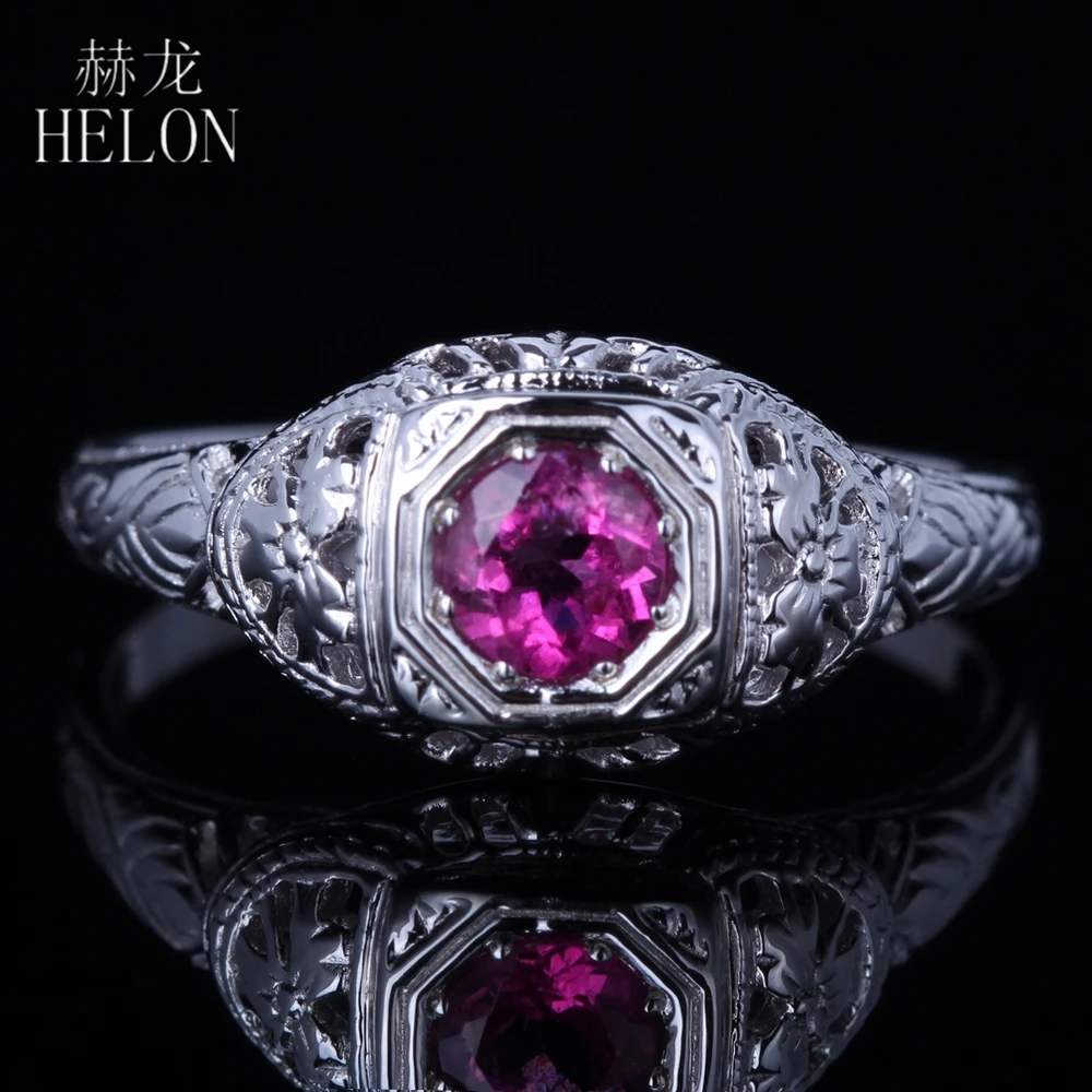 

HELON Solid 14K White Gold 4mm Round Tourmaline VVintage Antique Engagement Wedding Carving Ring Art Deco Women's Jewelry Ring