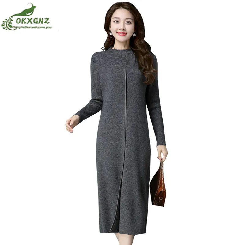 

2019long O-neck Cashmere Sweater dress Women Autumn Winter plus size warm Loose Split dress Female Jumper female knitted Dresses