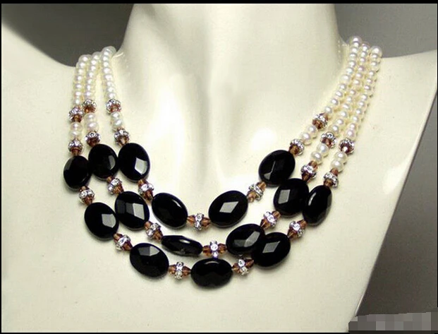 

HOT## Wholesale >>>> 3 Rows Real White Pearl Black Agate Crystal WGP Clasp Pendant Necklace