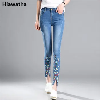 

Hiawatha Women Flower Embroidery Pencil Pants Denim Ladies 2020 Spring Fashion Skinny High Waist Jeans JST002