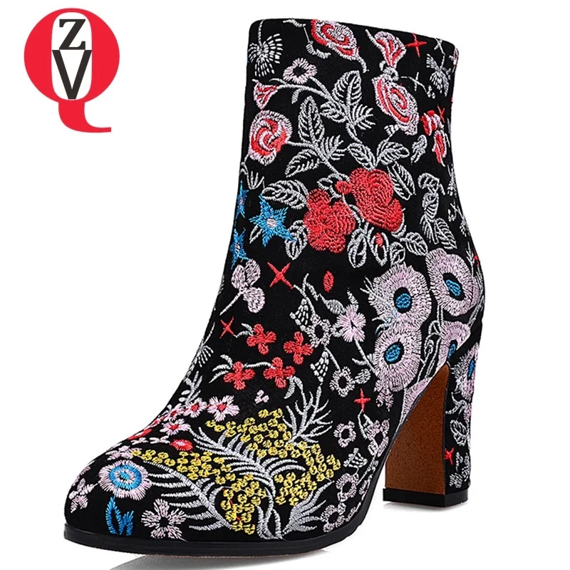 

ZVQ 2018 winter new fashion sexy popular round toe embroider women shoes super high square heel zip cow suede party ankle boots
