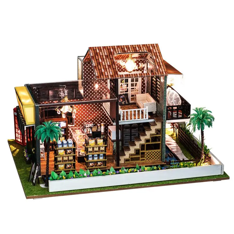 

IIECREATE Wooden Diy Dollhouse Toy Miniature Box Puzzle Dollhouse Diy Kit Furniture Coffee Shop Model Gift Toy For Children