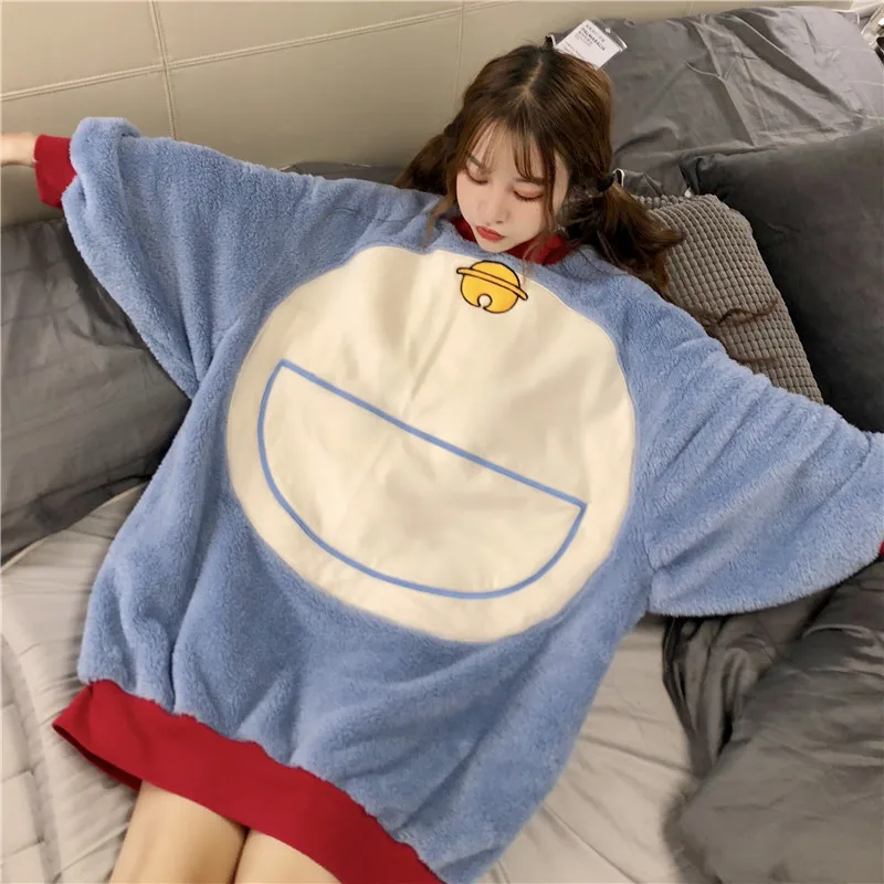 

Kawaii autumn winter 2019 ulzzang Korea Women's Clothing cartoon cat Harajuku oversize Nightdress flannel long sleeve dresses