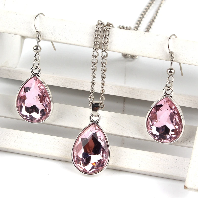 

1set Vintage silver Water drop Pendant Necklace & earrings Fashion Jewelry pink