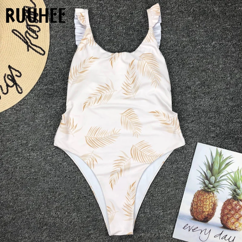 Online RUUHEE Ein Stück Badeanzug Bademode Frauen Hülse Gedruckt Rüsche Badeanzug Frauen Bodysuit Sexy Bikini Monokini Maillot De Bain