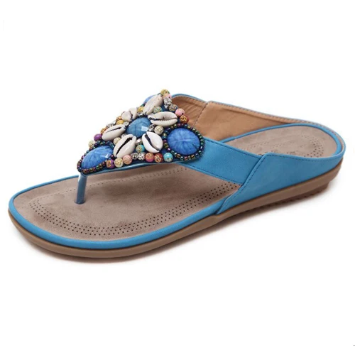 Летняя обувь в богемном стиле Повседневное шнурок для обуви из бисера Вьетнамки Летняя женская обувь уличные сандалии для пляжа Для женщин Тапочки - Цвет: Синий