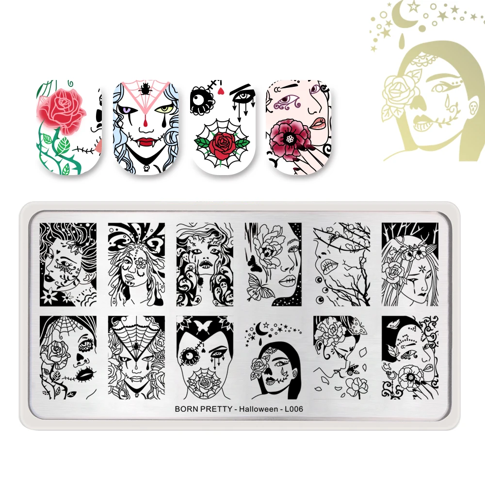 

BORN PRETTY Scary Facial Image Nail Stamping Template Rectangle Fairy Flower Printing Plate Manicure Stencil Halloween Day L006