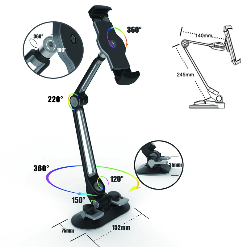 Универсальный автомобильный держатель для планшета, эргономичный кронштейн из алюминиевого сплава, вращающийся на 360 градусов, с двойной присоской, подставка для ленивых, для iPad, iPhone