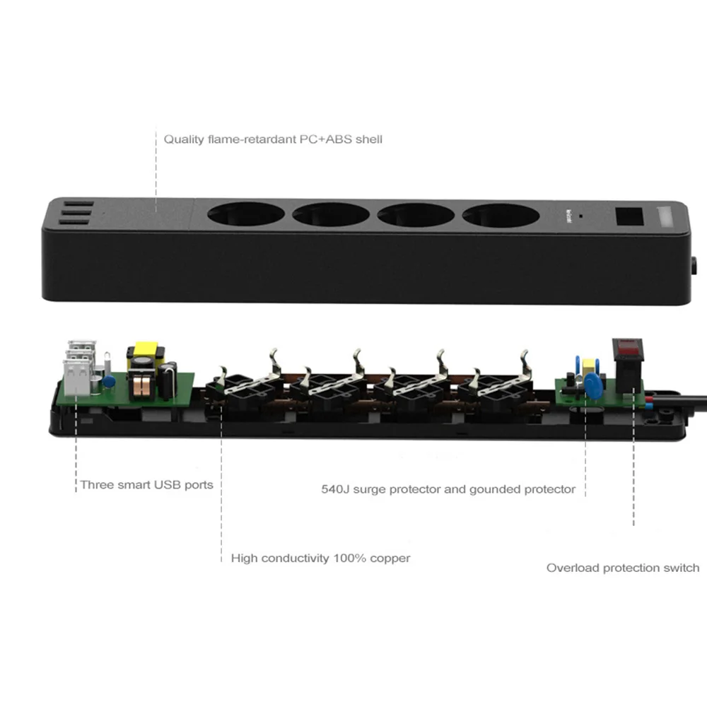 Мощность полосы Стабилизатор напряжения 4 штепсельная вилка европейского стандарта розетки с USB 4 быстрой зарядки Ports1.8m удлинитель для смартфонов планшеты