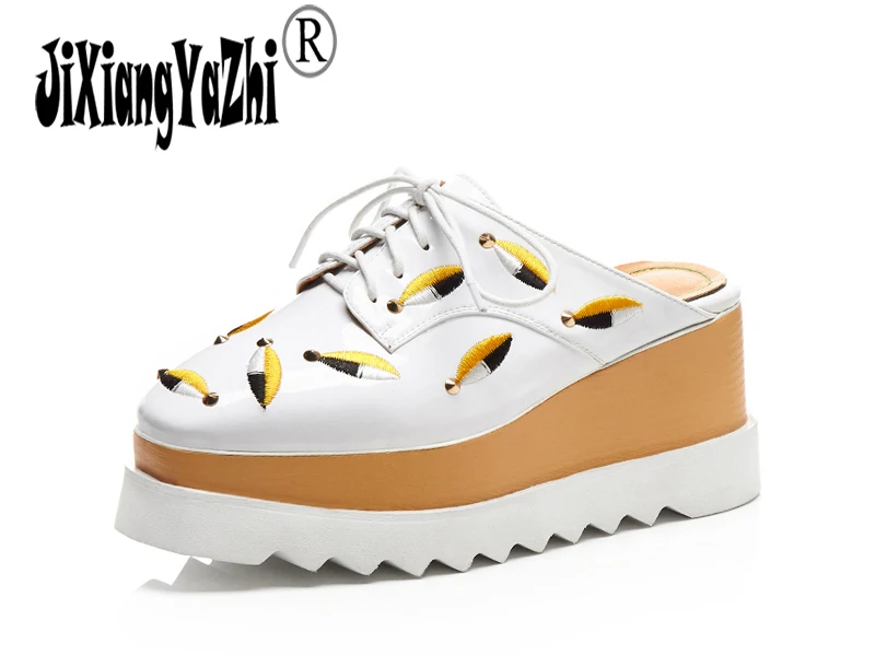 

JIXIANGYAZHI Brand 2018 Summer Fashion cow Patent leather Sandals Round-toe lace-up high platform Women's Shoes D018