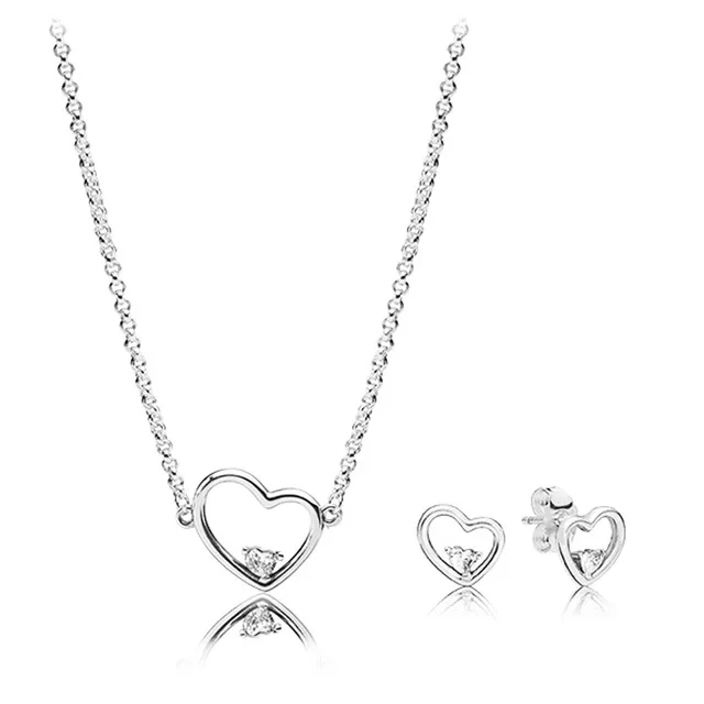 

BEST 100% 925 Sterling Silver ZT0238 Asymmetric Hearts of Love Stud Earrings Necklace GIFT SET Romantic Valentine's Day Gift
