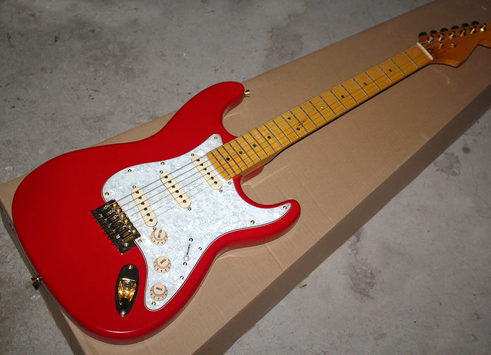 

Red Electric Guitar with Yellow Headstock,White Pearl Pickguard,Golden Hardwares,Flame Maple Neck,offering customized services