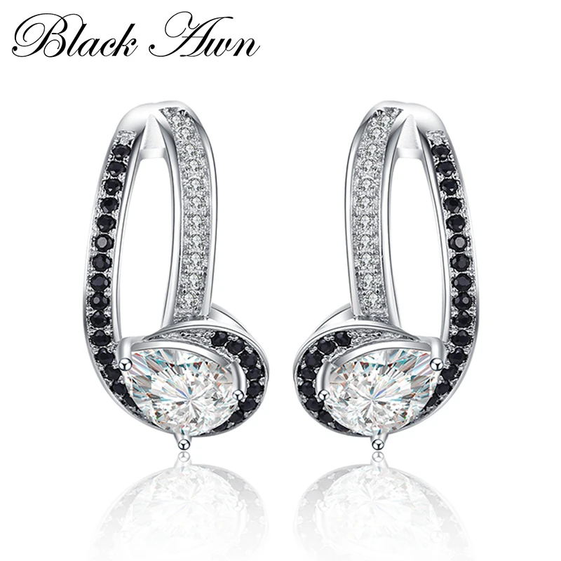 

Romantic 925 Sterling Silver Jewelry Natural Black Spinel Party Stud Earrings for Women Bijoux T046