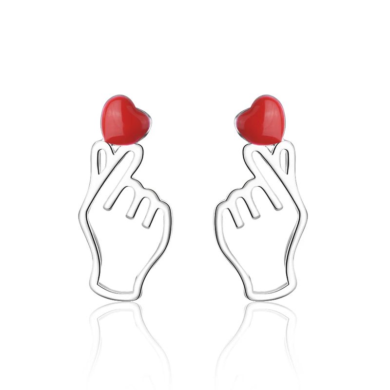 

KOFSAC Hot Fashion 925 Silver Stud Earrings For Women Jewelry Charm Exquisite Red Heart Hand Lady Valentine's Day Accessories
