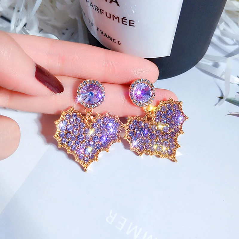 

Romantic Purple Crystal Big Heart Gold Color Drop Earrings for Women Party Birthday Gift Fashion Korean Dangle Earrings Z5E705