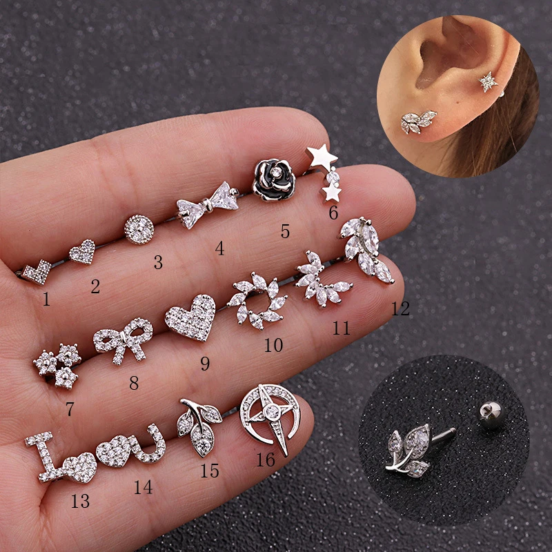 

1PC 16G Stainless Steel Barbell With Cz Cartilage Helix Earring Ear Piercing Jewelry Rook Conch Tragus Screw Back Stud
