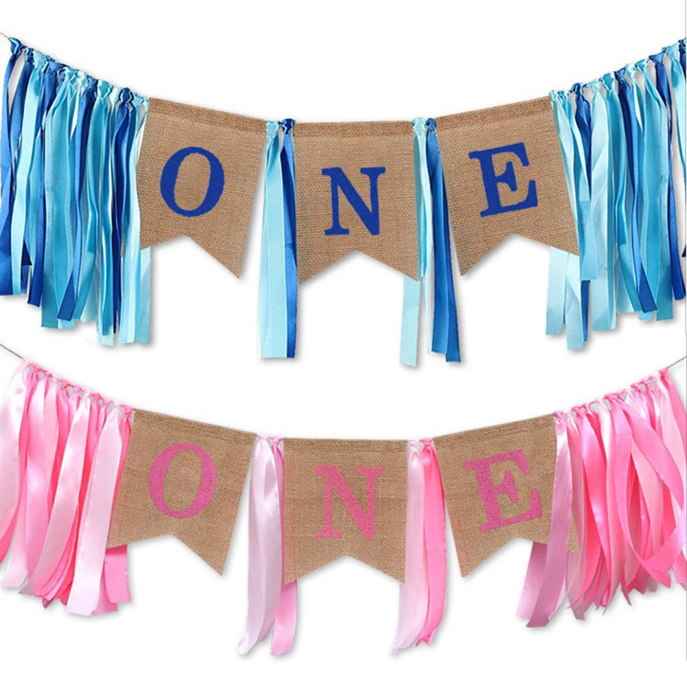 

1pc Baby Shower ONE Banner Blue Pink Banner Letter Chair Garland Flag for Birthday Party Decorations Kids Party Hats