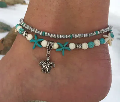 

Boho Beach Turtle Starfish Multi Layer Beads Charm Anklets For Women Ankle Bracelet Woman Sandals On the Leg Chain Foot Jewelry