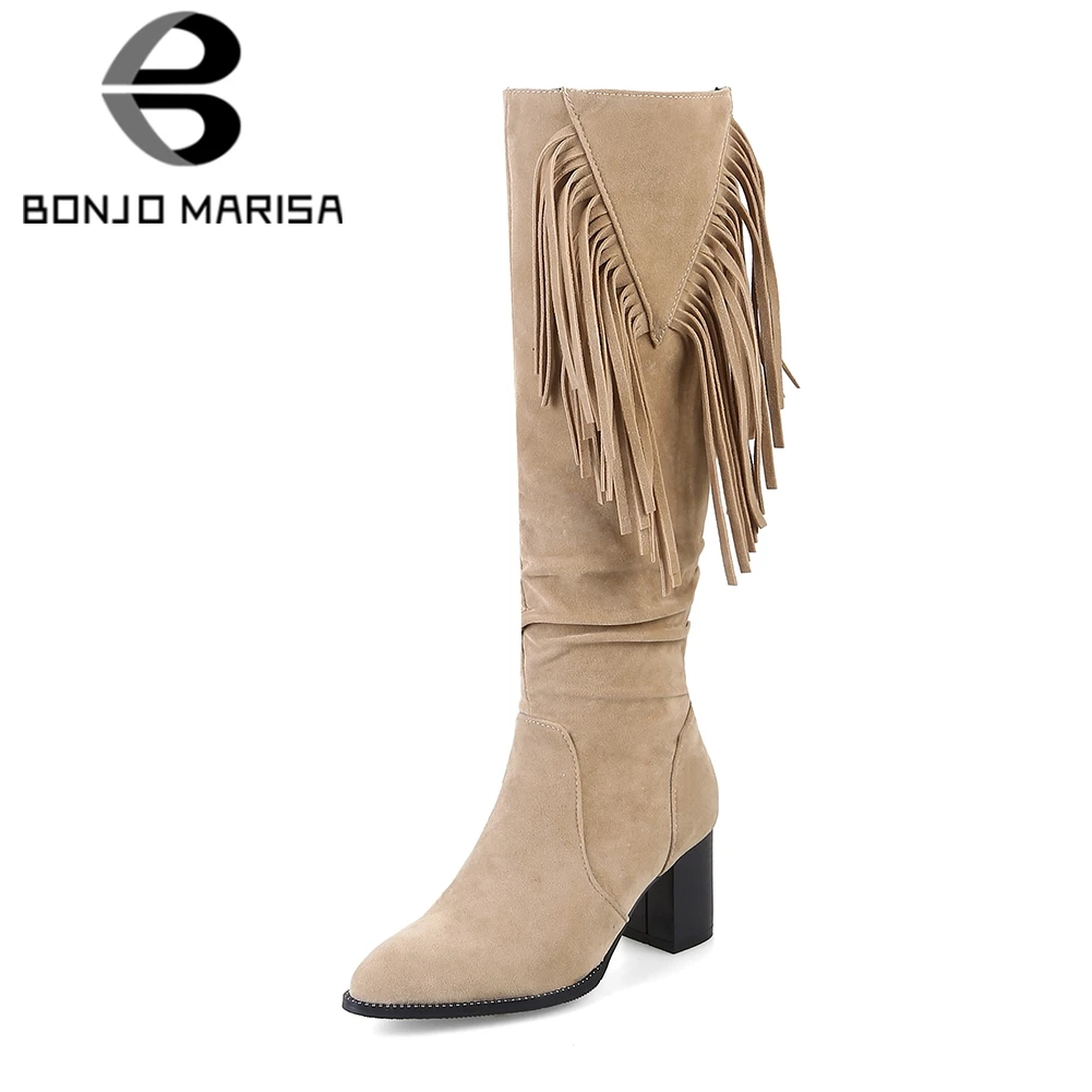 

BONJOMARISA 2019 Winter Dropship Plus Size 33-48 Brand Women Knee High Boots Fringe Zipper Fur Boots High Heels Shoes Woman