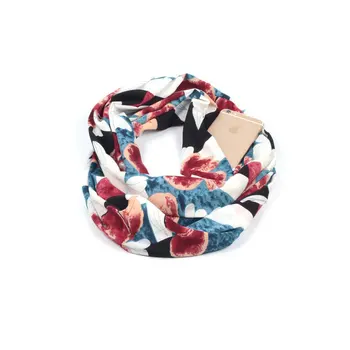 

Guttavalli Women Big Flowers Print Convertible Infinity Scarf w/ Pocket Loop Zipper Portable Ring Wrap Winter Chevron Leaf Shawl