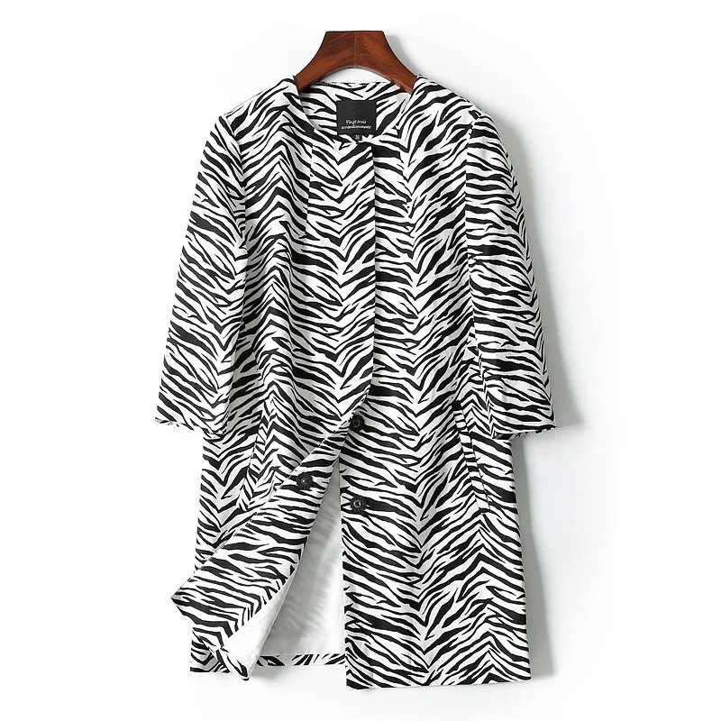 100%linen zebra striped women spring autumn fashion cardigan sweater coat md long S/M/L/XL-in 