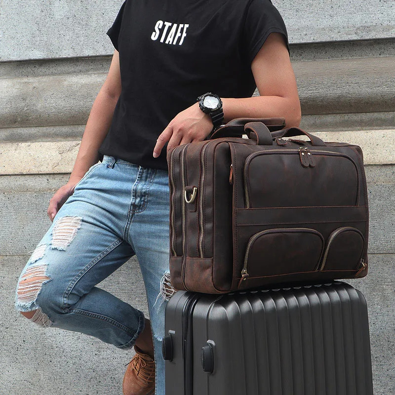 

MAHEU 3 Zipper Bag Leather Briefcase Cowhide Large Capacity Travel Handbag For Flight Men Business Trip Brief Case Laptop Bag