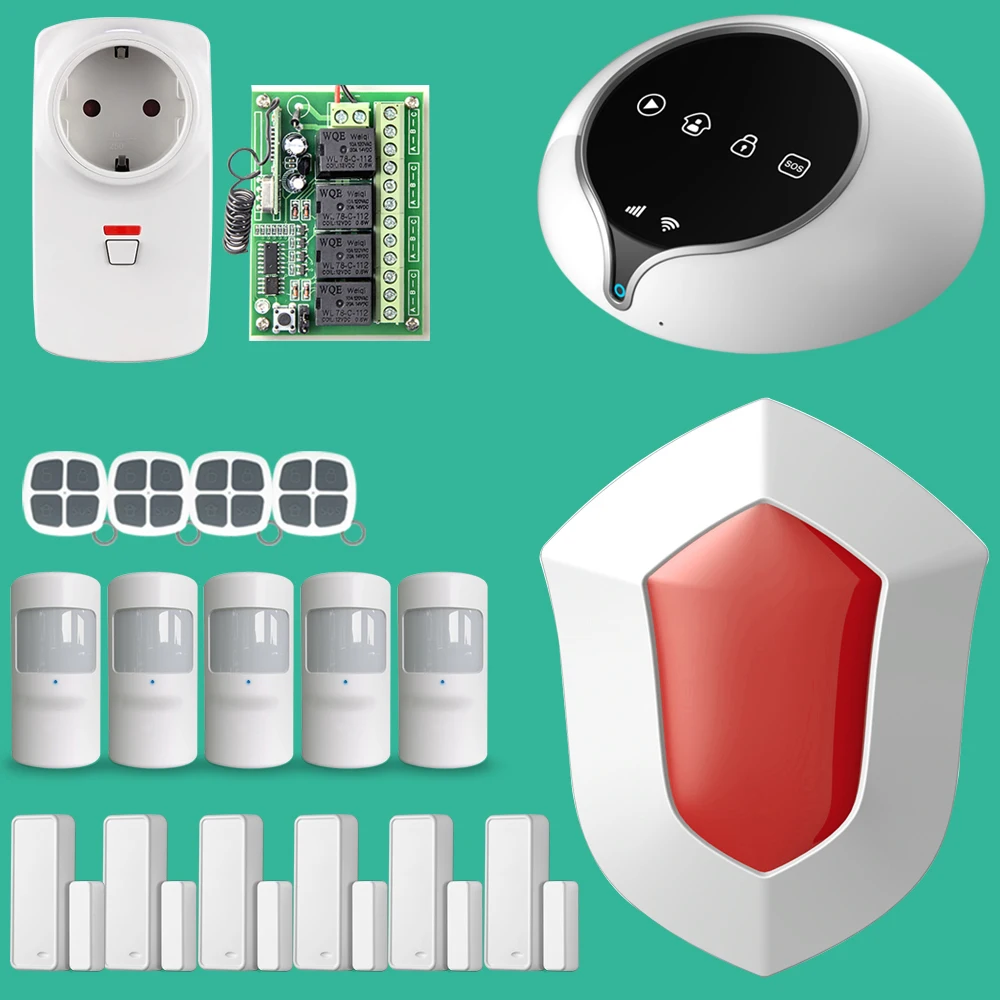 

Etiger Wireless GSM WIFI Alarm System Home Outdoor Flash Siren Emit Sounds Wireless Relay Output Smart Socket Match Panel