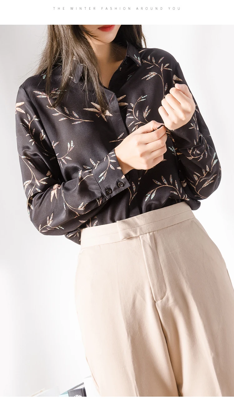 Звездный стиль чистый шелк топ шелк тутового шелкопряда женские блузки с длинным рукавом и принтом M L XL