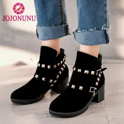 JOJONUNU/модные женские ботинки на высоком каблуке, теплая обувь с заклепками, Женская Офисная обувь, ботильоны, вечерние пикантные Вечерние