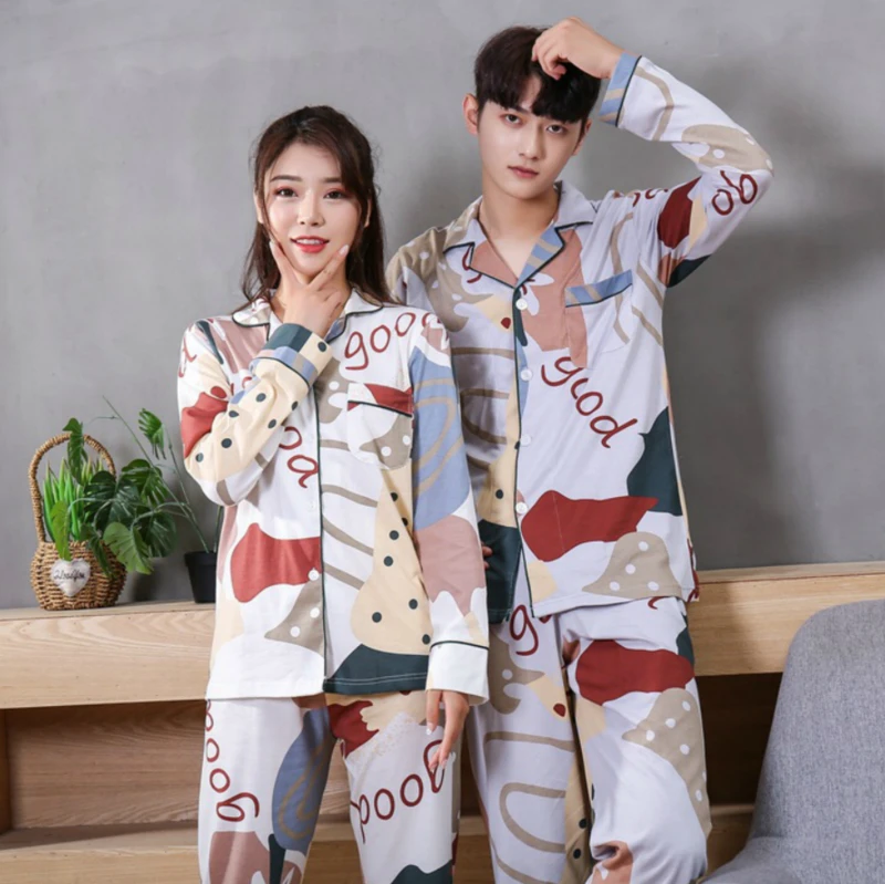 

New Lovers Cotton Pyjamas Men and Women Elastic Long Sleeve Trousers Plus Size Pajamas Spring Printing Sleepwear Thin Home Suit