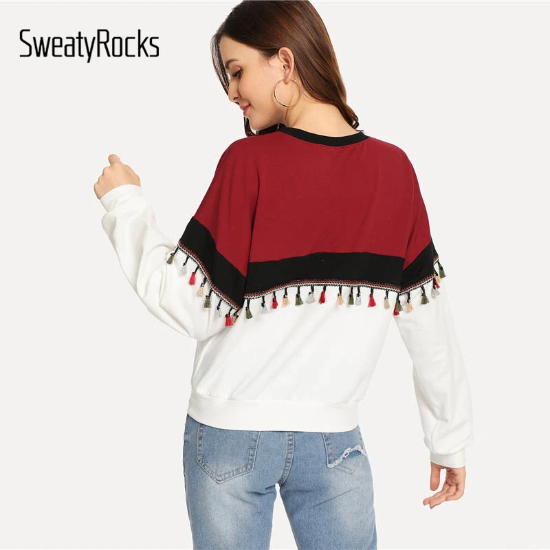 Goede SweatyRocks Casual Knippen en Naaien Kwastje Detail Sweatshirt Lange Mouwen Colorblock Dame Tops 2018 Nieuwe Herfst Vrouwen Sweatshirts