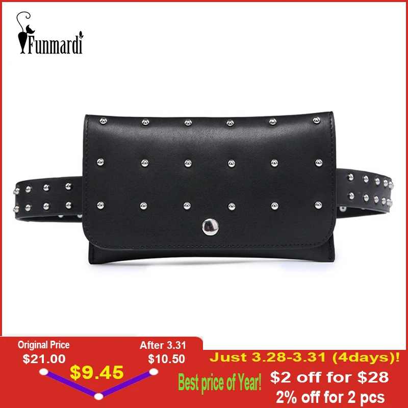 

FUNMARDI Vintage Rivet PU Leather Waist Bag Casual Women Waist Packs Punk Style Mini Women Bags Trendy New Leather Bags WLHB1739