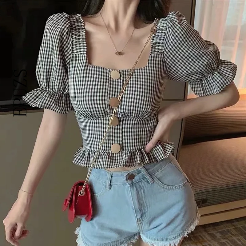 

Korean fashion ruffles shirts women Vintage ladies top Square collar puff Sleeve plaid blouse Summer women top and blouse