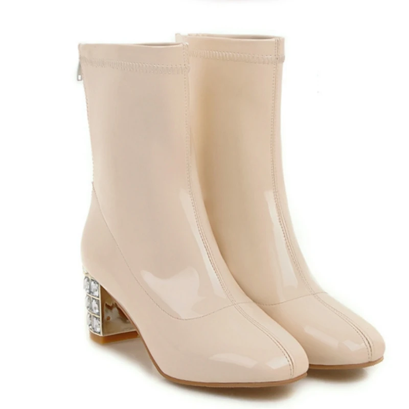 

G&Zaco Luxury Autumn Square Toe High Heels Boots Crystal Thick Heeled S ShoeSexy Patent Leather Zipper Female Middle Calf Boots