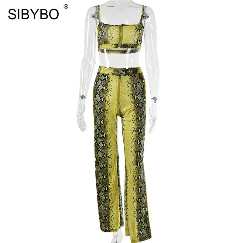 Sibybo, змеиная кожа, принт, сексуальный комплект из двух частей, женский ремень, высокая талия, Осенний укороченный топ и штаны, комплект на молнии, пляжный Повседневный Женский комплект - Цвет: Цвет: желтый