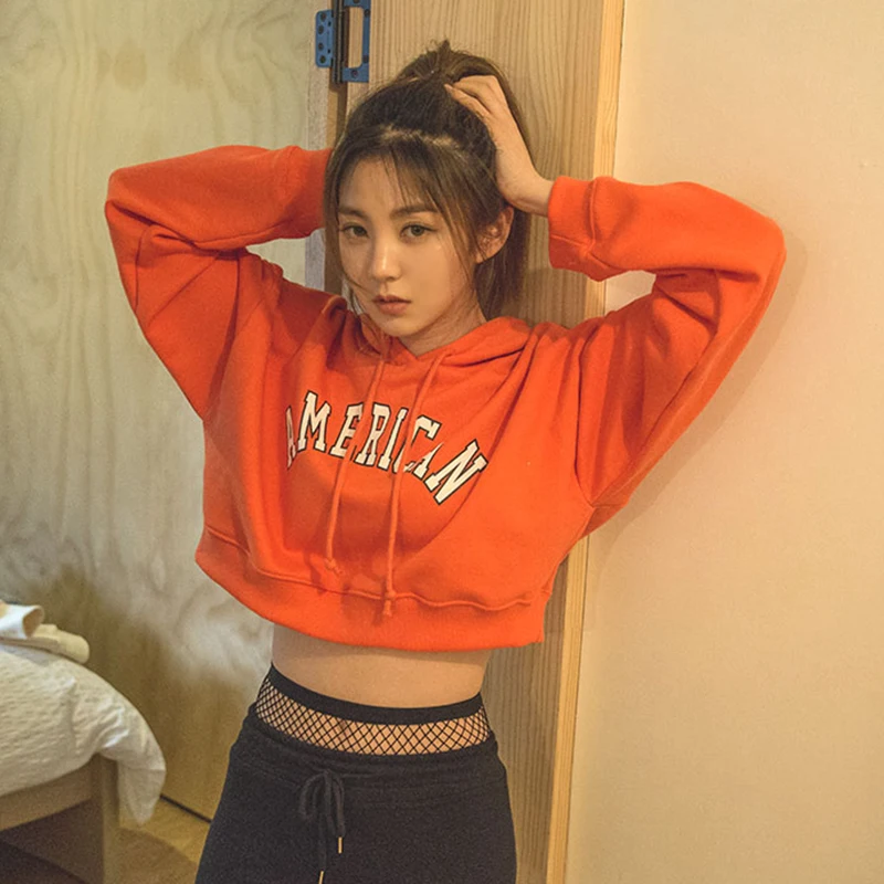 

Autumn letter printing Harajuku hip hop short sexy long-sleeved hooded sweatshirt women's Cotton Preppy Style bf sweatshirt