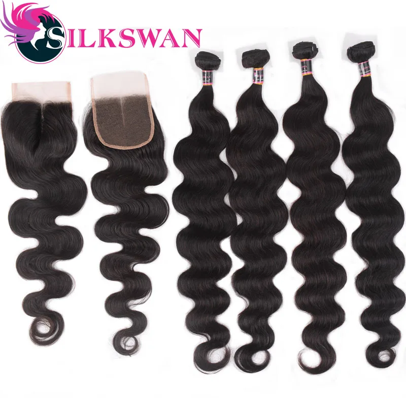 

Silkswan 4 Bundles With Closure Deal Peruvian Body Wave Hair Extensions 10-28 Inch Remy Human Bundles Hair Weave Bundles Vendor