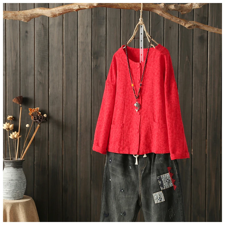 Однотонная оригинальная Ретро жаккардовая рубашка, женский кардиган, длинный рукав, двойные карманы, весенние топы, новинка, на пуговицах, льняная, хлопковая блузка - Цвет: Красный
