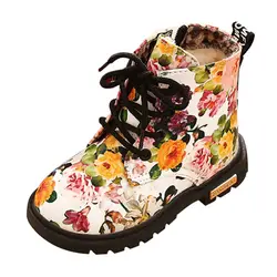 Британский Стиль ботинки «Мартенс» для девочек цветочный стиль боевой детская обувь ботильоны малыша botas Цветочный Дети теплые зимние