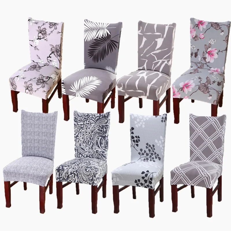 

Grey Geometric Flower Printed Spandex Chair Cover Stretch Modren Seat Covers Dining Room Kitchen Hotel Elastic Slipcovers