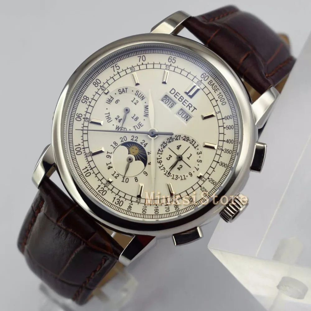 

Debert 42mm Men's mechanical watch White Dial Moon Phase Silver Case Automatic Date Day Multifunction Business Watch 2481