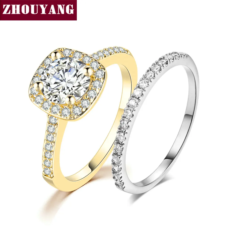ZHOUYANG Engagem Wedding Ring Sets For Women Classic Round Cut AAA+ CZ Yellow Color Fashion Jewelry Chirstmas Gift SR559