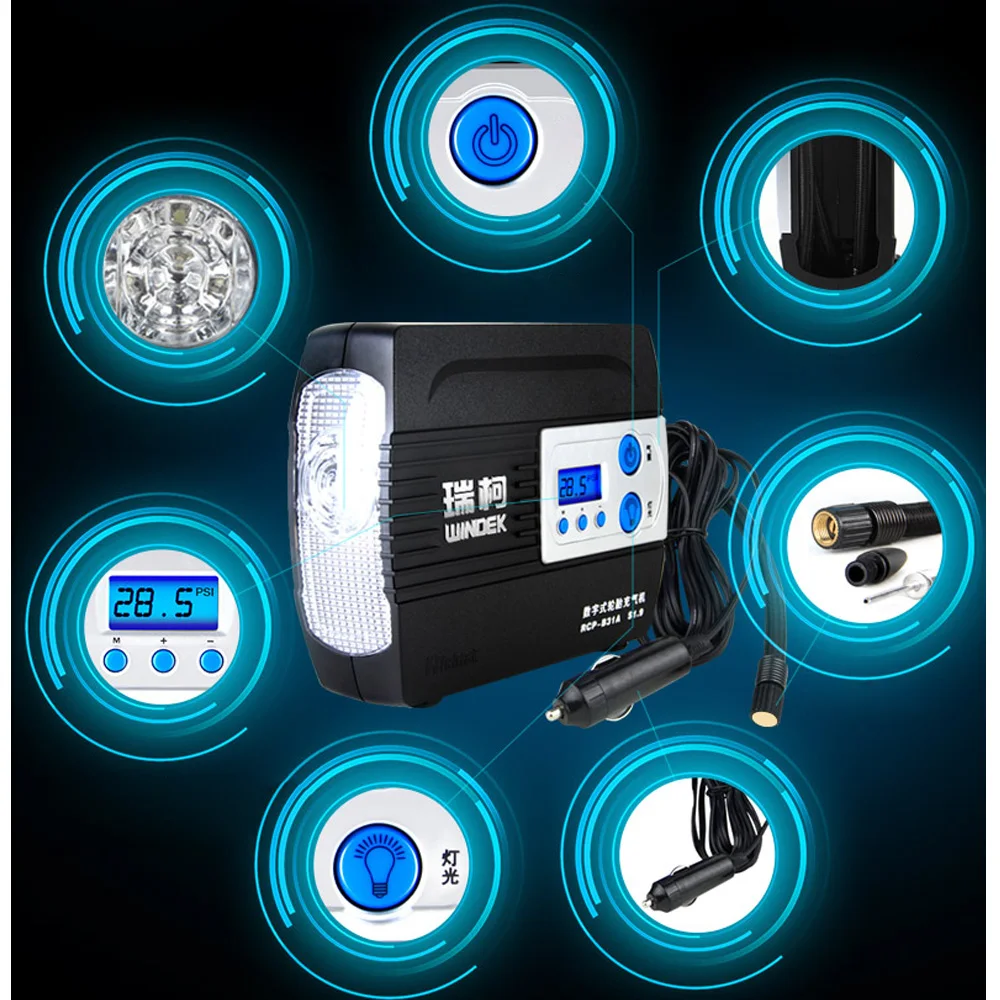 

WINDEK Portable 12V 100PSI Car Motor Motorcycle Tire Inflator Pump Auto Air Compressor with Preset function New