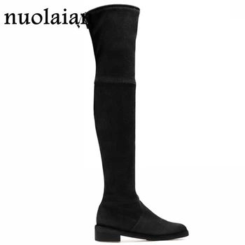 

Black Suede Leather Boots Women Winter Shoes Woman Thigh High Boots Dress Over The Knee Boot Lady Snow Fur Shoe Low Heel Bottine