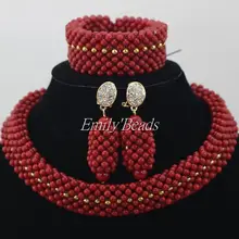 Ручной работы Африканский Бисер Ювелирные наборы Нигерия свадебное красное украшение с коралловыми бусинами наборы свадебных ювелирных изделий CJ445