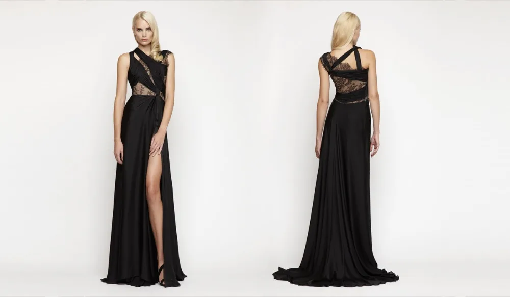 High Side Slit Lace Evening Dress Unique Designer Scoop Sleeveless Black Long Gown Vestido De Festa 2015 | Свадьбы и торжества