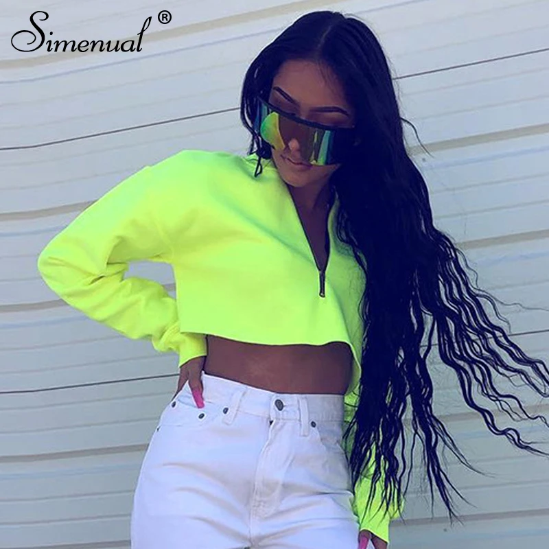 Simenual Neon Color Zipper Women's Sweatshirt Long Sleeve Streetwear Cropped Sweatshirt Casual Basic Solid Fashion Hoodies 2019